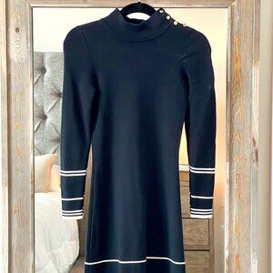 Ann Taylor Petite Black Ribbed Midi Dress w/ Gold Buttons – Size XXSP